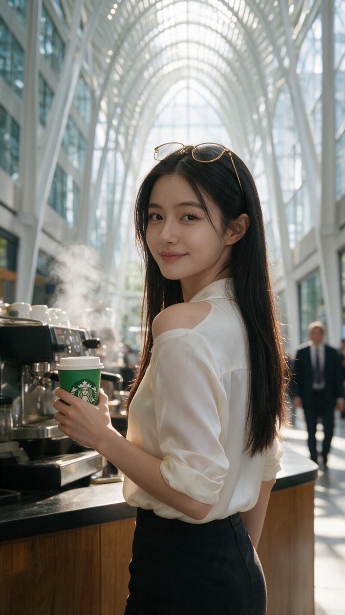 Cindy at the Starbucks counter, glancing over her shoulder with a teasing smile, espresso machines steaming and Calatrava's white ribs glowing behind her