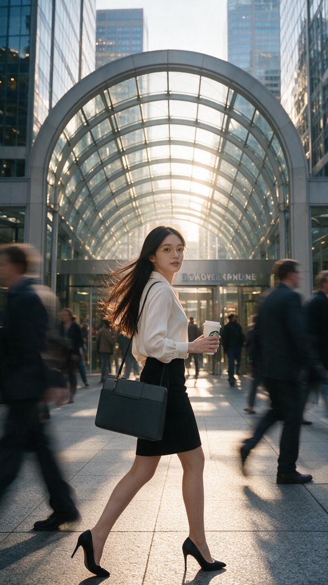 Cindy striding out of Brookfield Place onto Bay Street at golden hour, Starbucks cup in hand, autumn wind in her hair, bank towers glowing behind her