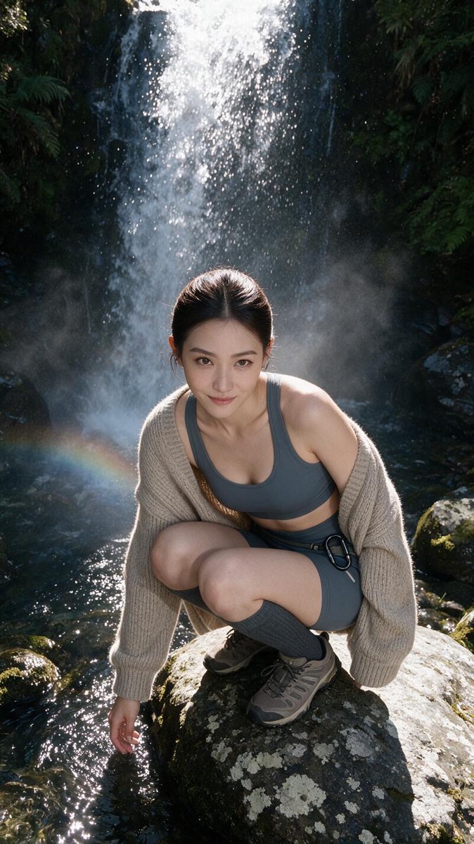 Monica crouching on a mossy boulder by a misty waterfall in a slate sports bra, biker shorts and an oversized sand cardigan, Routeburn Falls