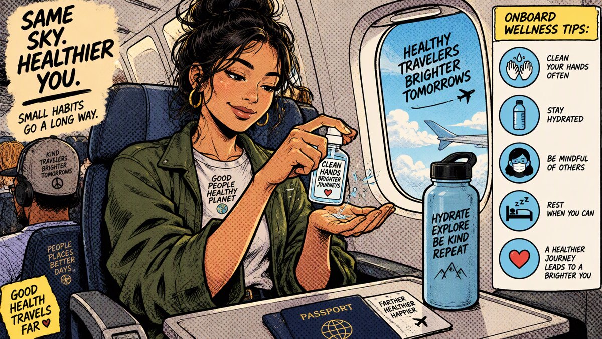 Traveler using hand sanitizer next to a water bottle in an airplane cabin, clean health illustration
