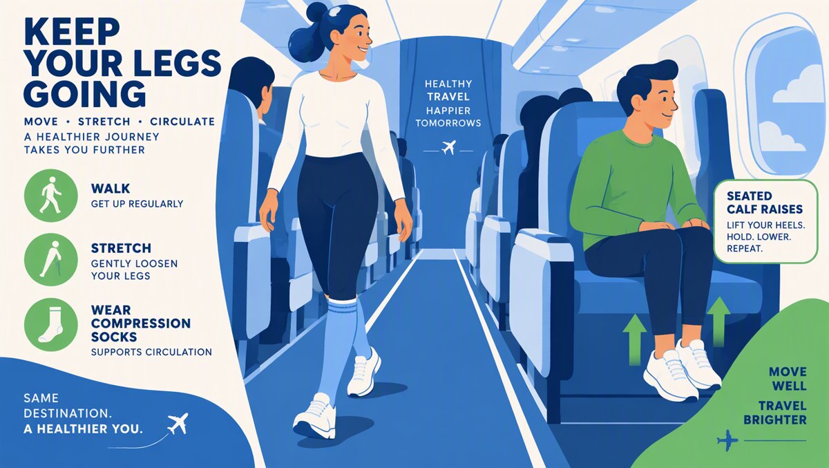 Person in compression socks walking an airplane aisle stretching their legs, clean health illustration