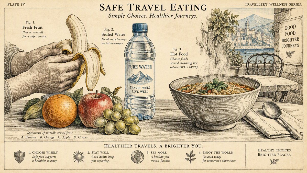 Fresh fruit being peeled and sealed bottled water on a sunny travel café table, educational wellness illustration