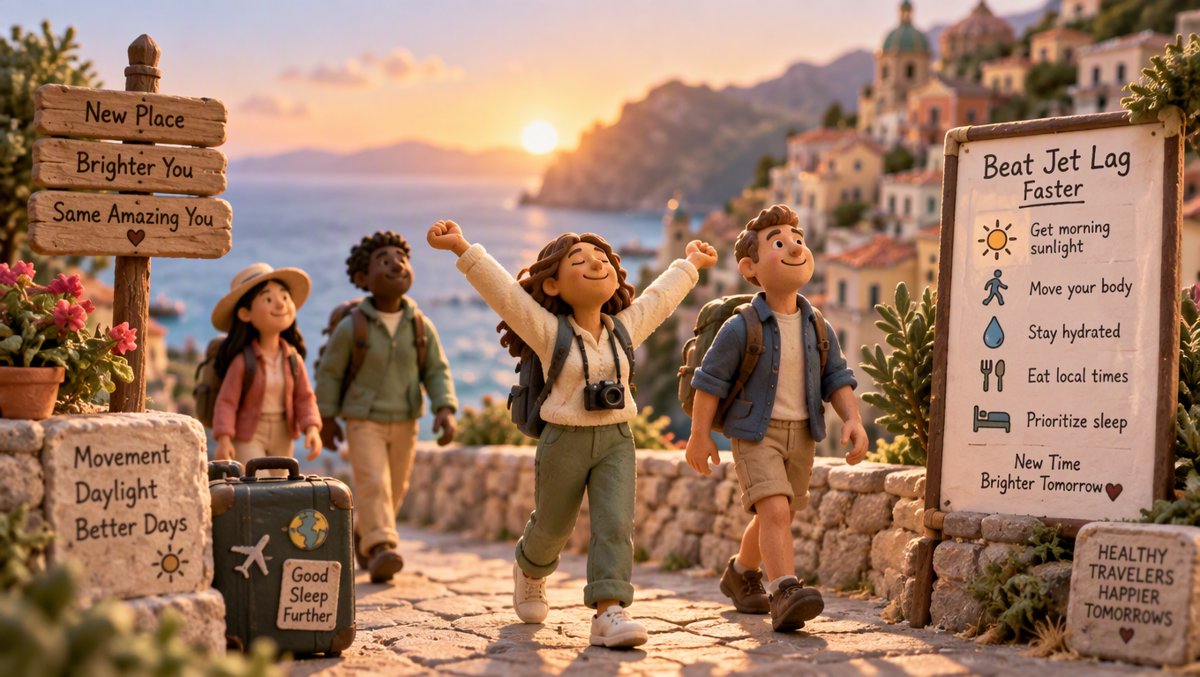 Diverse travelers walking into warm morning sunlight at their destination, jet lag recovery illustration