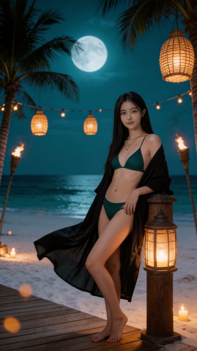 Cindy in a black kaftan and emerald bikini leaning against a lantern post on a moonlit beach deck at Matemwe, Zanzibar, wrapped in blue-hour light