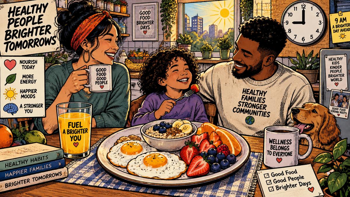 Illustration of a balanced early breakfast in a sunlit kitchen representing an earlier eating window