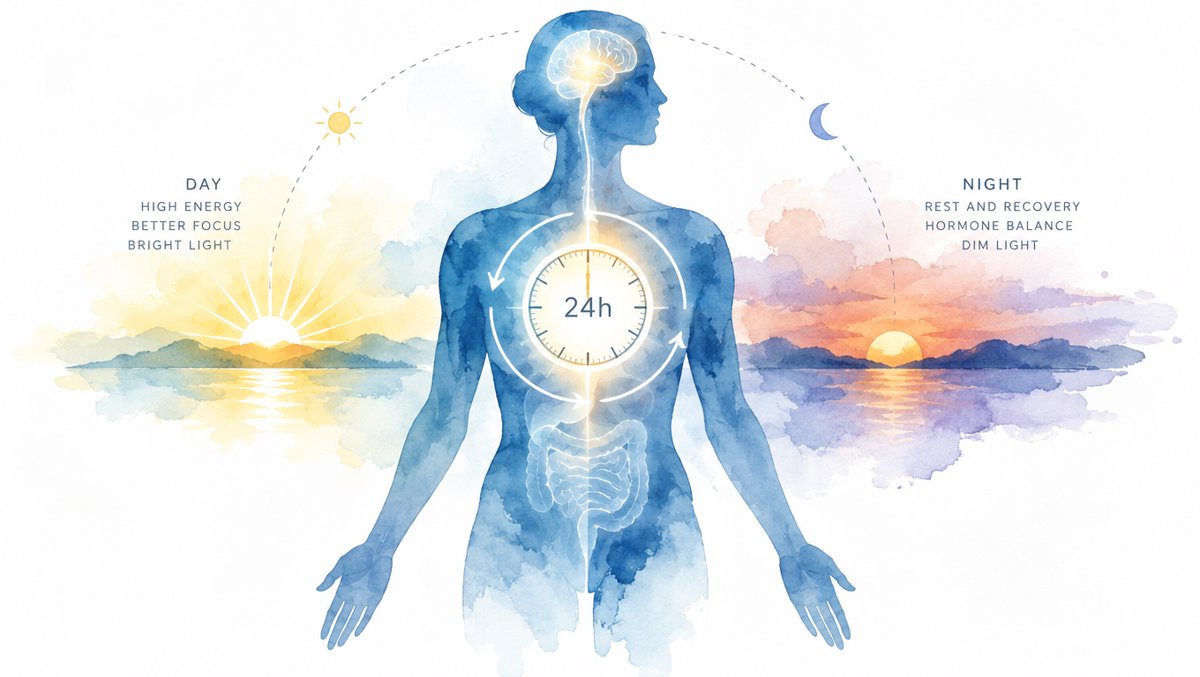Illustration of the human circadian clock responding to meal timing across day and night