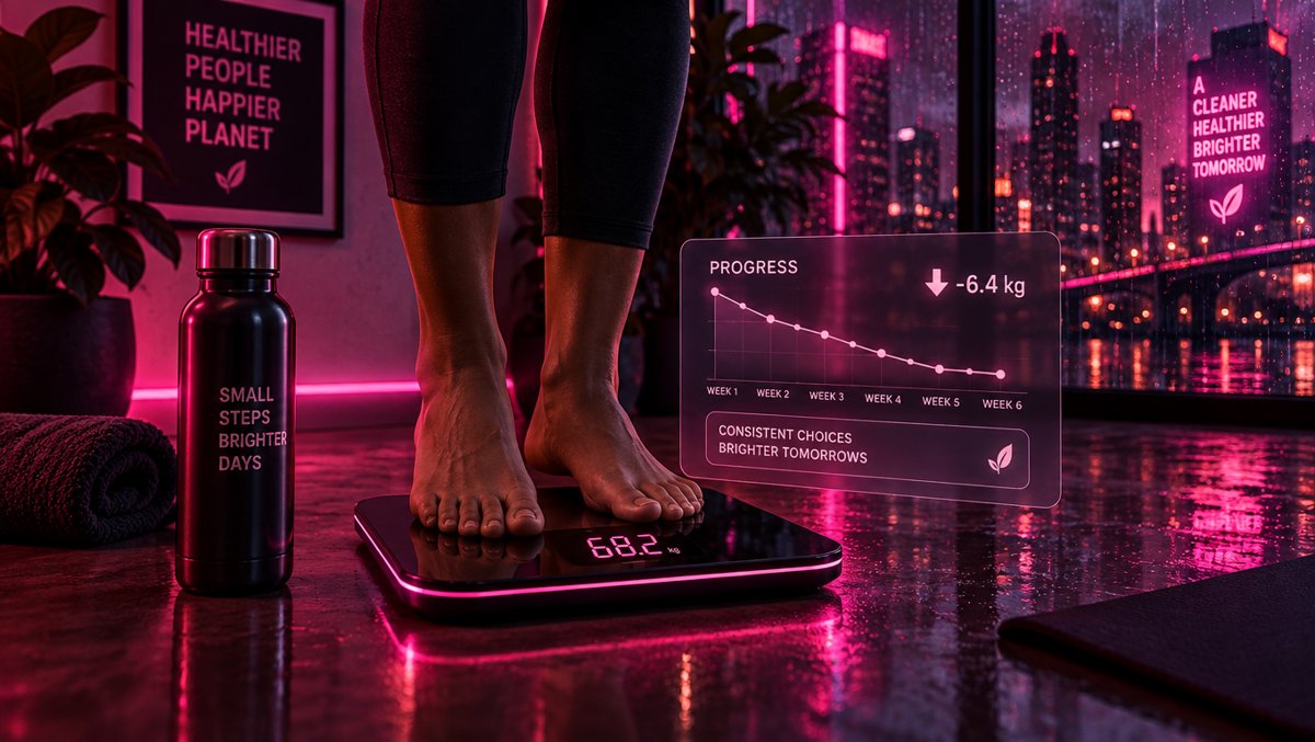 Clean illustration of sustainable weight management progress with a scale and positive trend