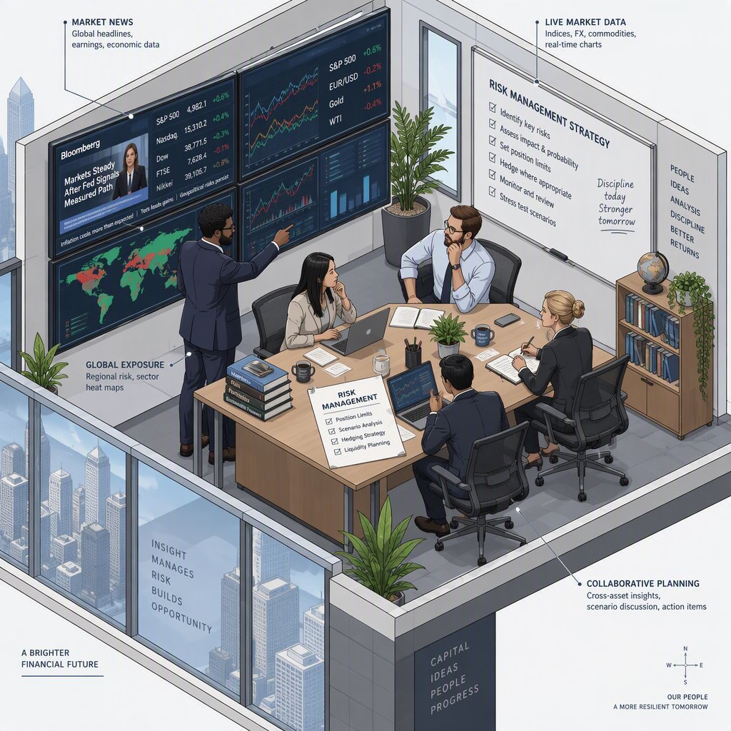Investment team reviewing risk plans in a modern office