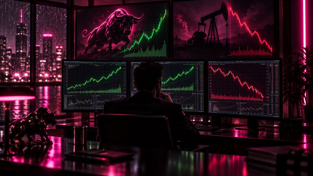 Trading terminal with rising equity futures and a falling oil chart — Monday's risk-on tape