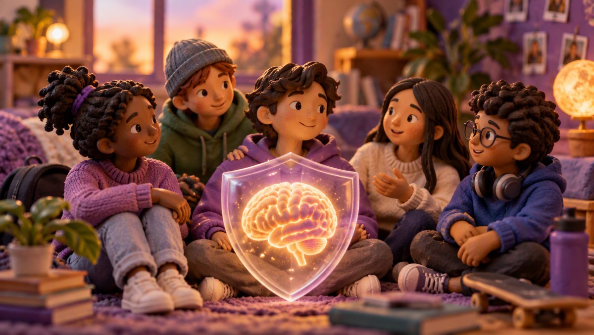 Illustration of a glowing teenage brain protected by a gentle shield, with supportive friends nearby