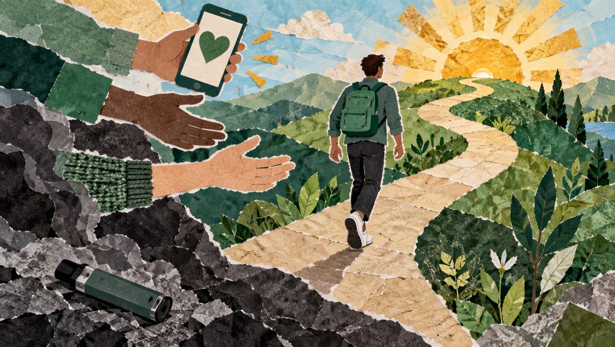 Uplifting illustration of a person walking up a sunlit path toward fresh air, leaving a vape device behind