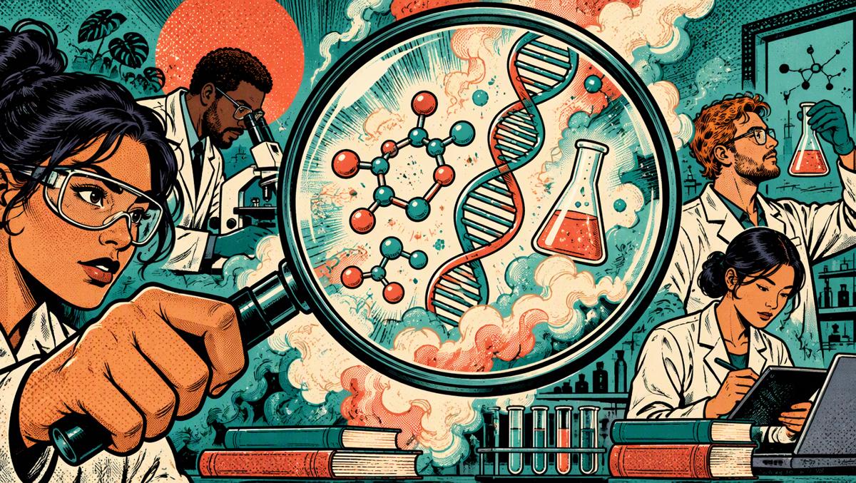 Science review illustration — a magnifying glass examining a vapor cloud revealing DNA strands and molecules