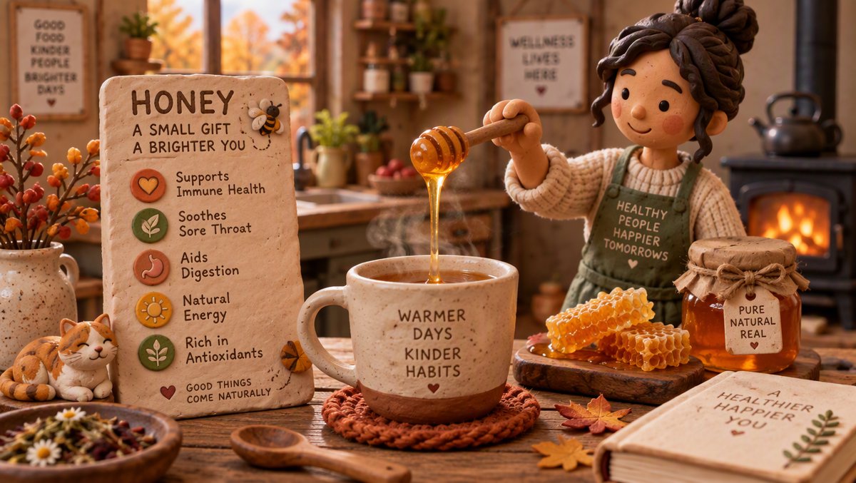Golden honey drizzling from a wooden dipper into warm tea in a cozy autumn kitchen