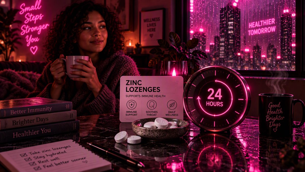 Zinc lozenges in a small dish beside a 24-hour clock β the critical timing window for cold relief
