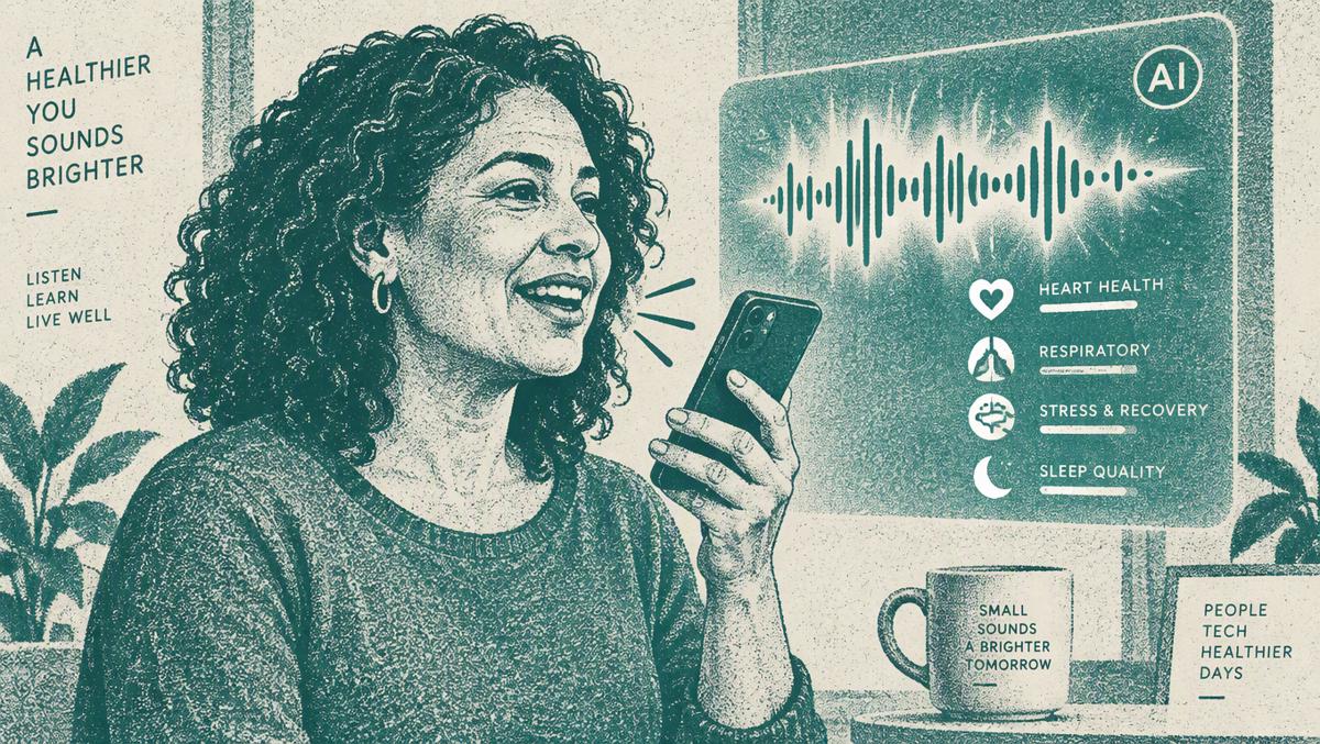 Person speaking while a smartphone captures their voice with AI sound wave analysis overlay