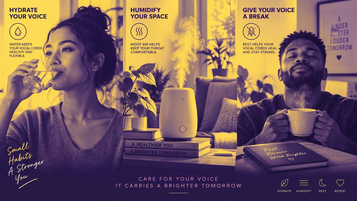 Vocal self-care illustration: person drinking water, humidifier misting, and warm tea with steam