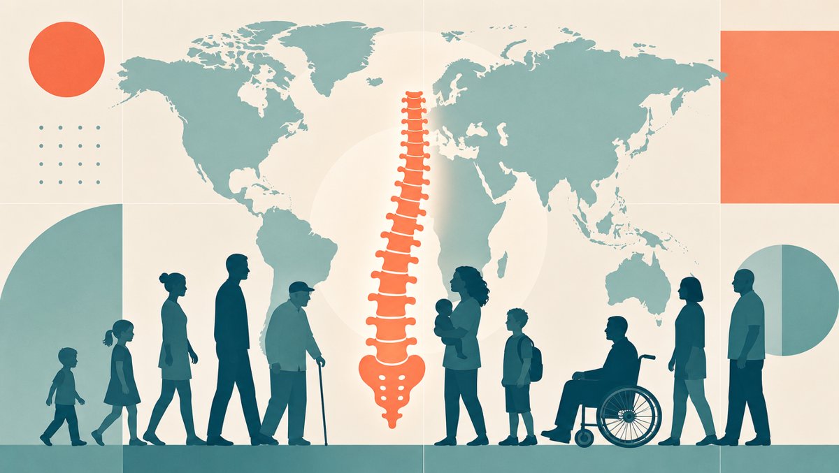 Illustration of a world map with a glowing spine icon and diverse people of all ages, representing the global burden of back pain