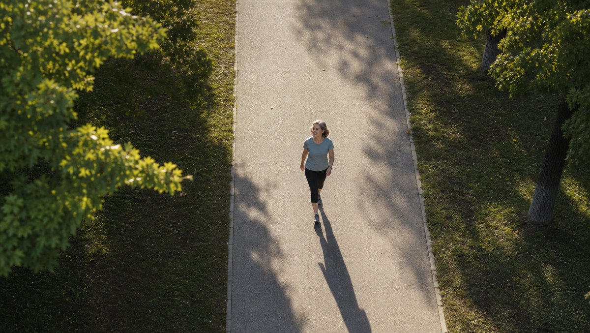A woman in her fifties walking confidently along a sunny tree-lined park path, looking relieved and strong