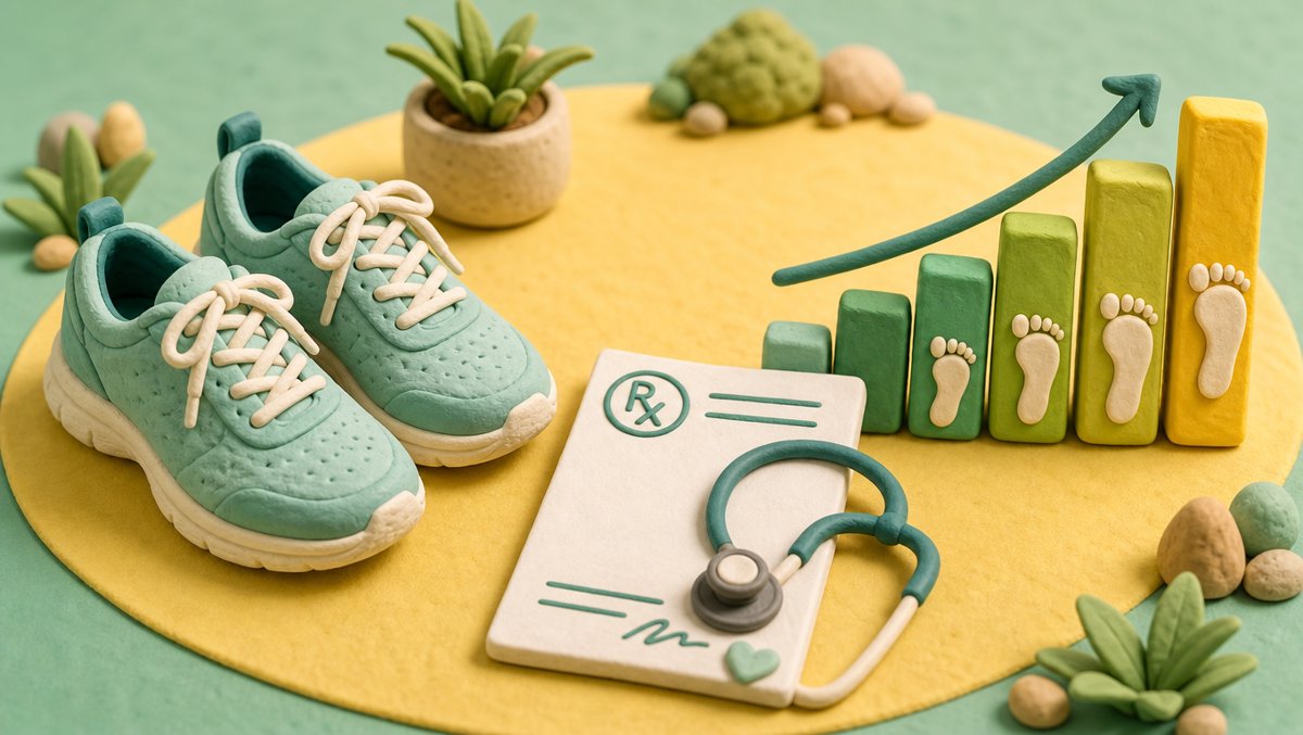 Infographic-style illustration of walking shoes beside a prescription pad and a footprint bar chart β minutes, not milligrams