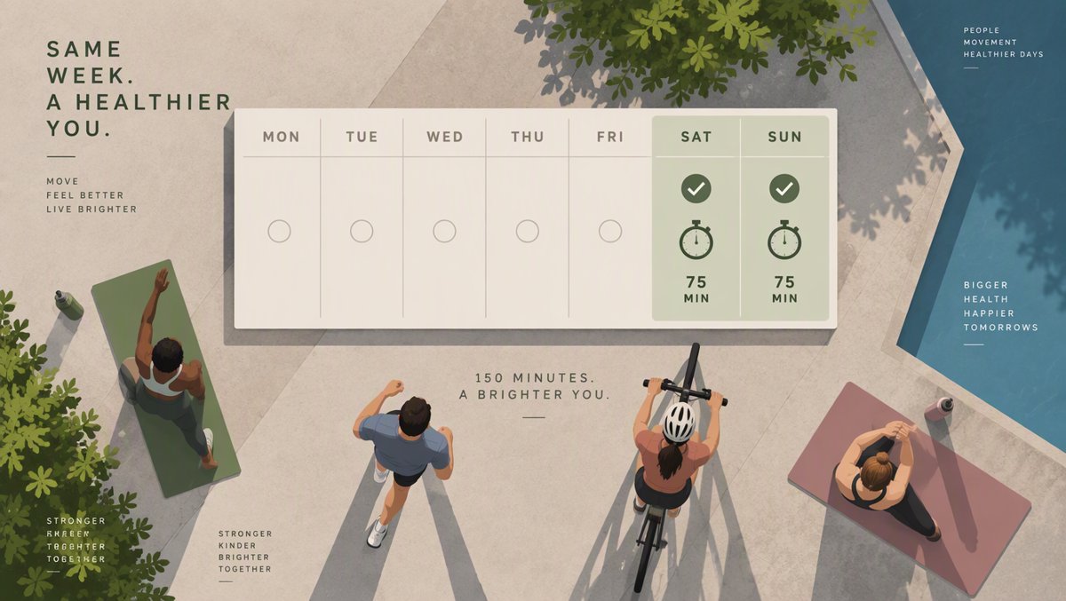 Weekly calendar infographic showing 150 minutes of exercise packed into two highlighted weekend days
