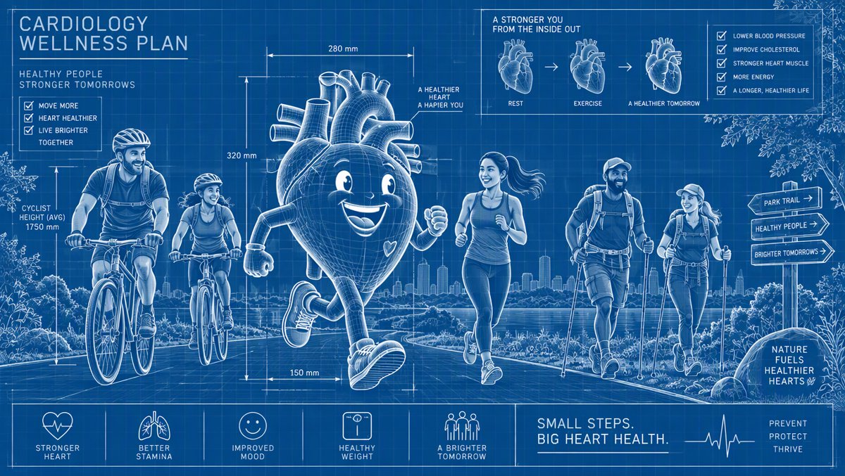 Illustration of a happy heart jogging alongside diverse weekend exercisers in a park