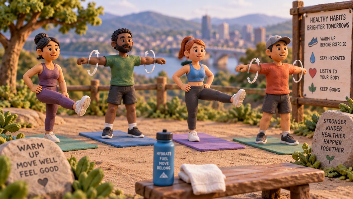 Illustration of diverse adults doing warm-up stretches on a mat outdoors before exercising