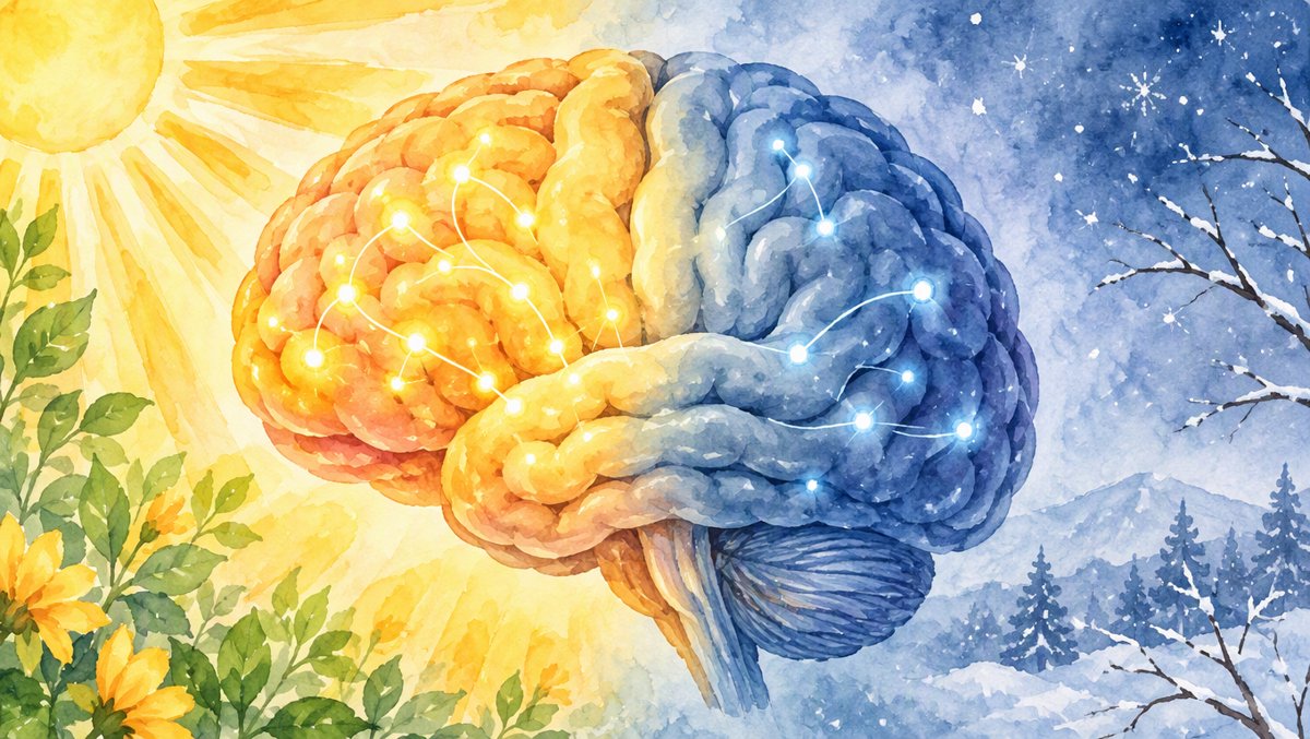 Illustration of a brain half-glowing with warm sunlight and half in cool winter blue, symbolizing seasonal serotonin changes