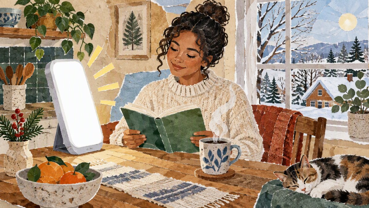 Illustration of a woman reading at a cozy breakfast table beside a bright light therapy lamp on a winter morning