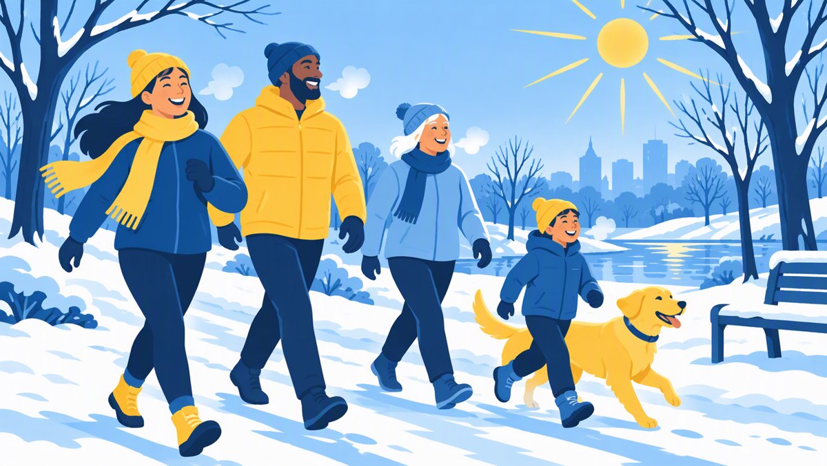 Illustration of diverse happy people walking on a sunny winter morning in a park, fresh air and sparkling snow