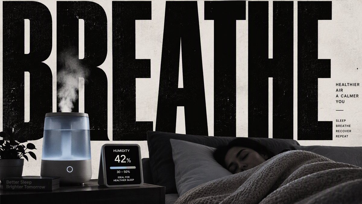 A clean health illustration of a bedroom humidifier releasing soft mist at night with an ideal humidity reading