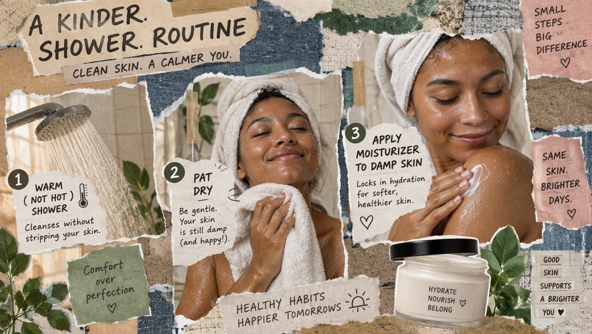 A clean health illustration of a short warm shower routine β patting skin dry gently and applying cream to damp skin