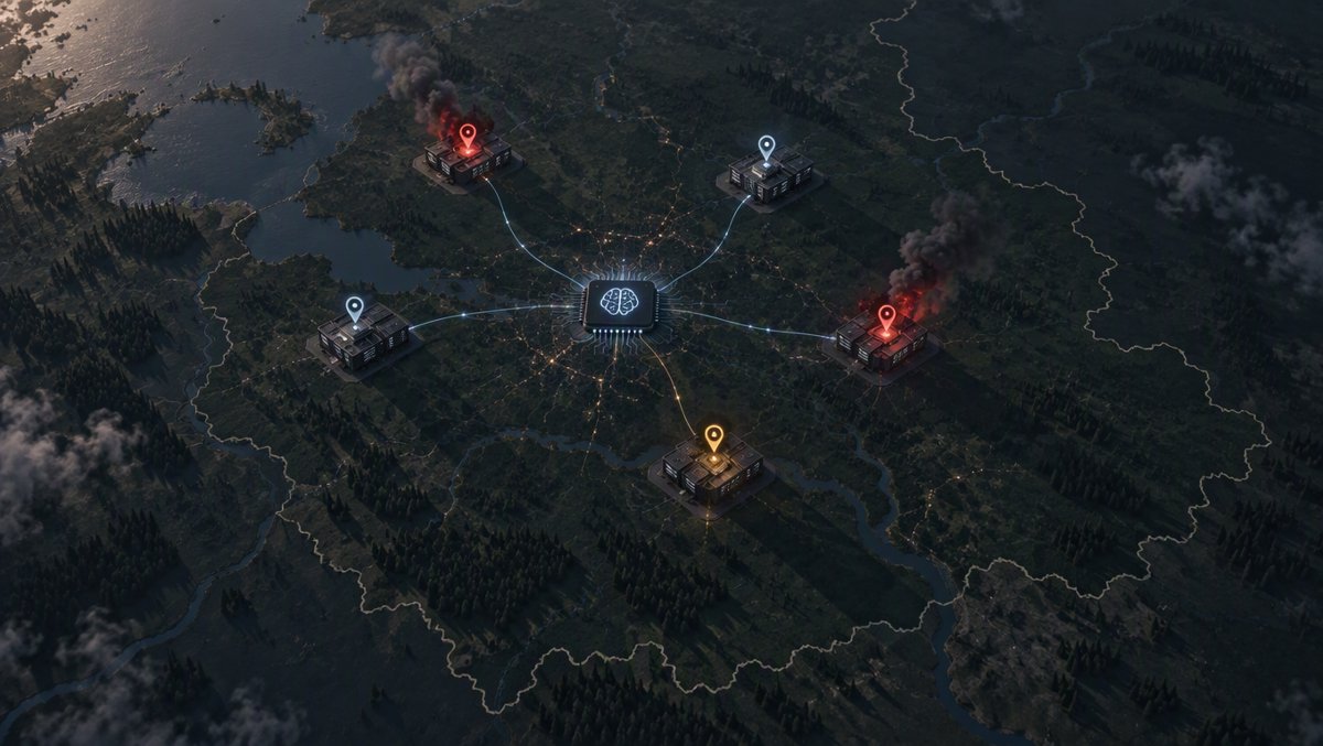 Conceptual war-room map illustration of data center strikes around Moscow